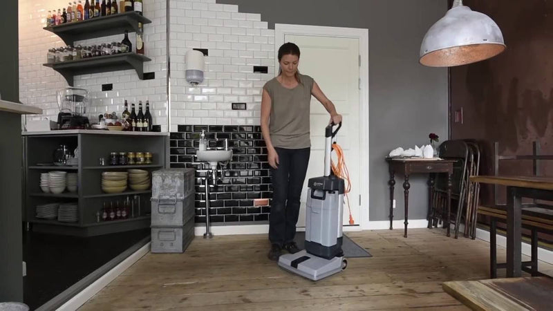 Nilfisk SC100 Compact Upright Floor Scrubber Package For Cool Cafes And Small Bars! - TVD The Vacuum Doctor