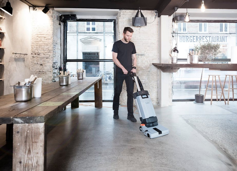 Nilfisk SC100 Compact Upright Floor Scrubber Package For Cool Cafes And Small Bars! - TVD The Vacuum Doctor