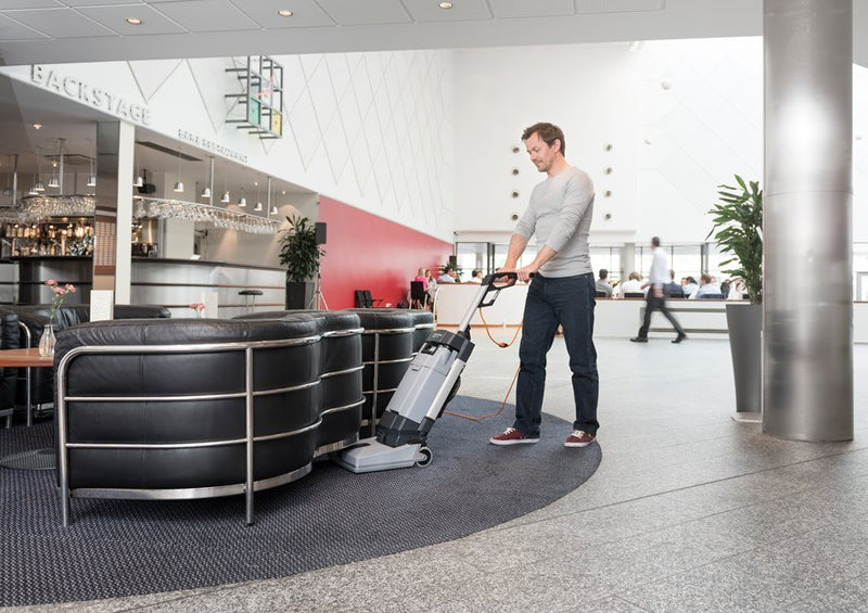 Nilfisk SC100 Compact Upright Floor Scrubber Package For Cool Cafes And Small Bars! - TVD The Vacuum Doctor